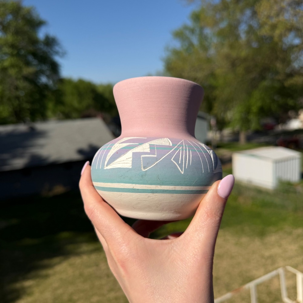 Signed Silas Navajo Pottery Vase Pastel Pink Teal Etched Geometric Ceramic Vase